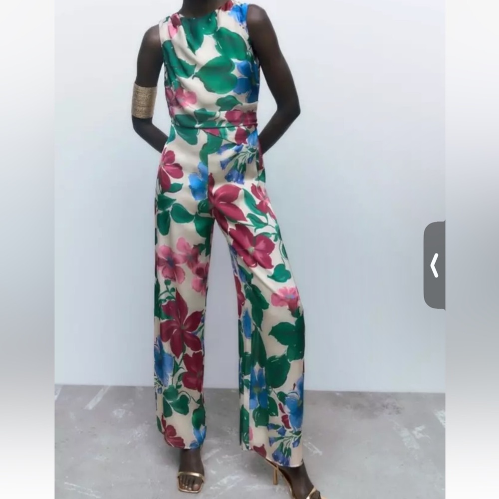 Zara floral flower print satin effect sleeveless jumpsuit Sz XS/M NWT tropical